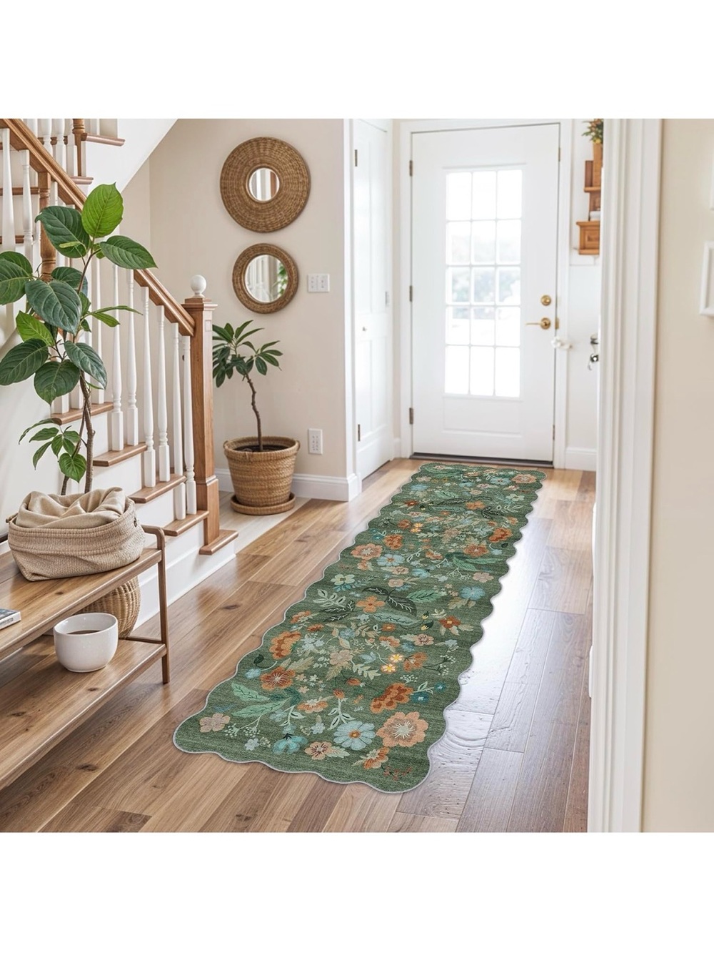 Amazon Green Floral Scalloped Runner with Multicolor Blooms